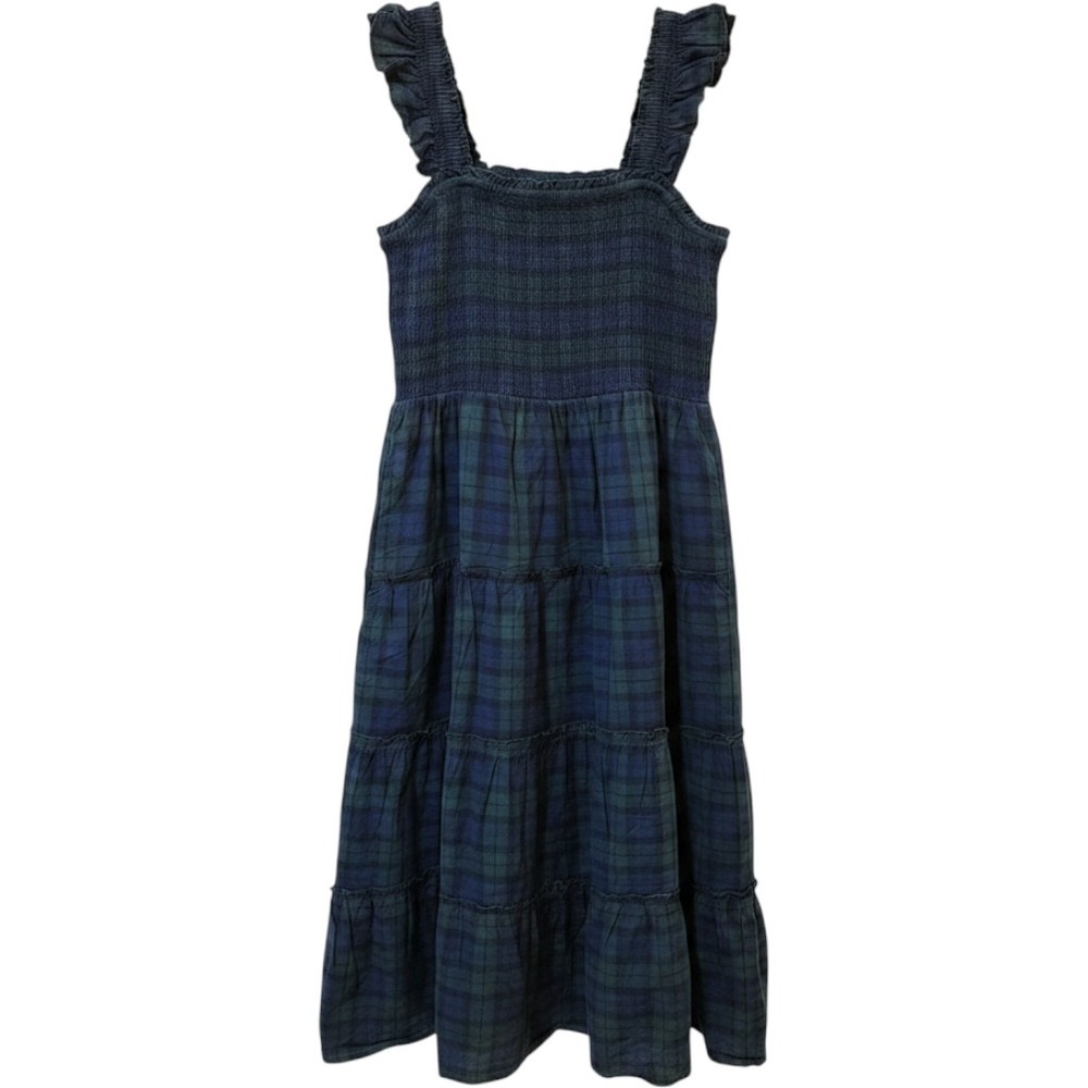 J.Crew Black Watch Plaid Smocked Tiered Midi Dress Green Blue Ruffle Strap XS